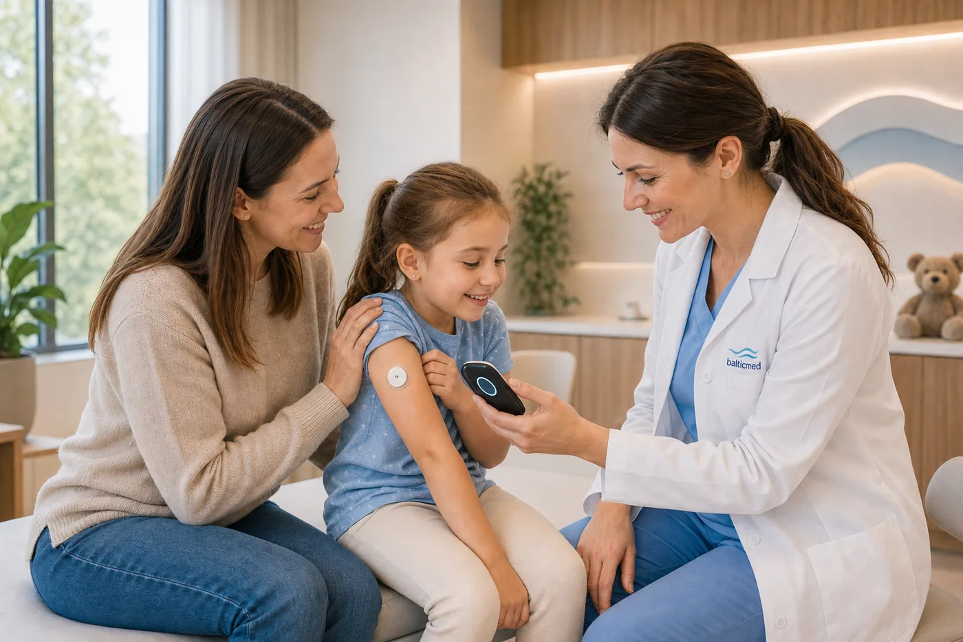 Lekarka odczytuje sensor glikemii dziewczynki w przychodni Balticmed