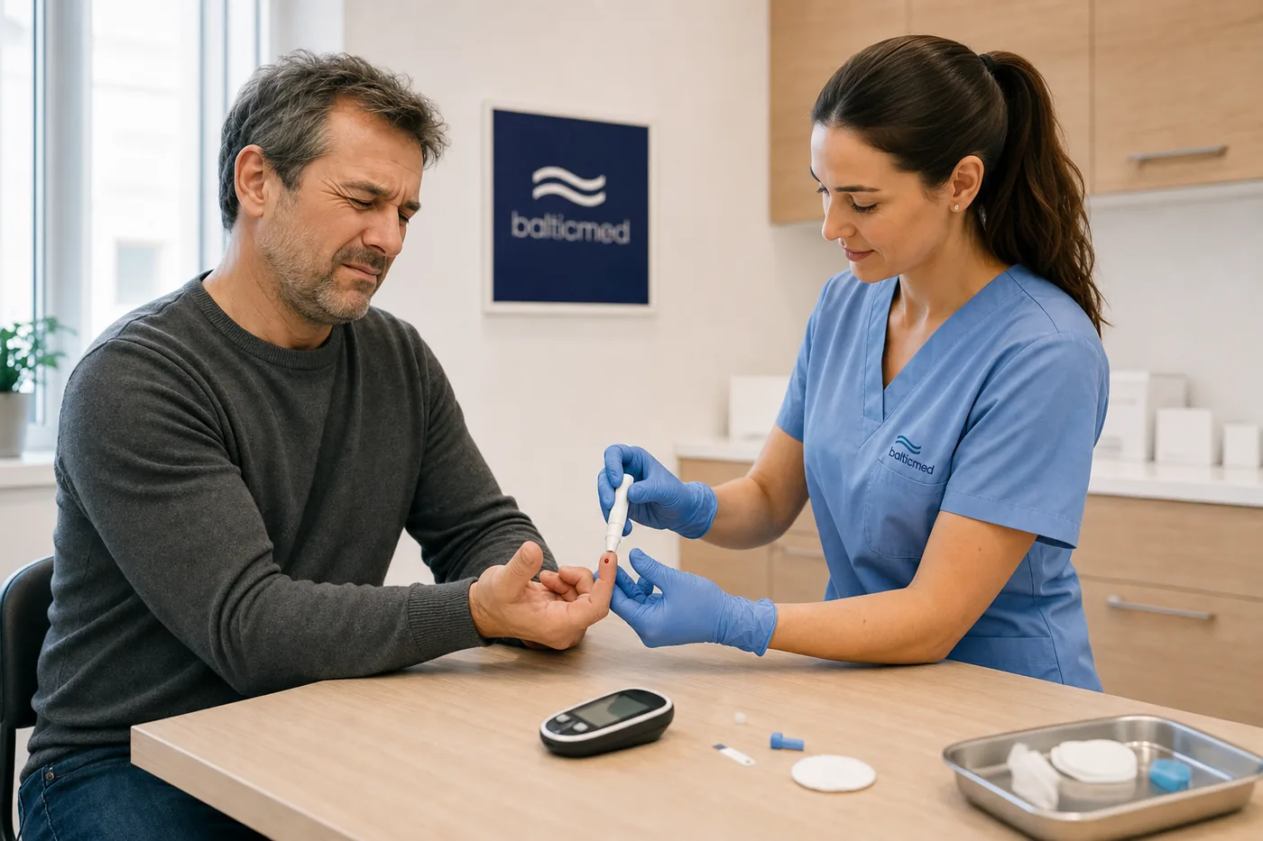 Pomiar glukozy z opuszki palca w gabinecie diabetologicznym Balticmed
