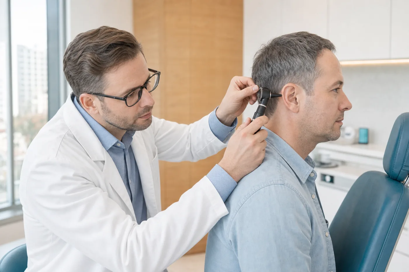 Badanie ucha otoskopem w gabinecie laryngologa Balticmed