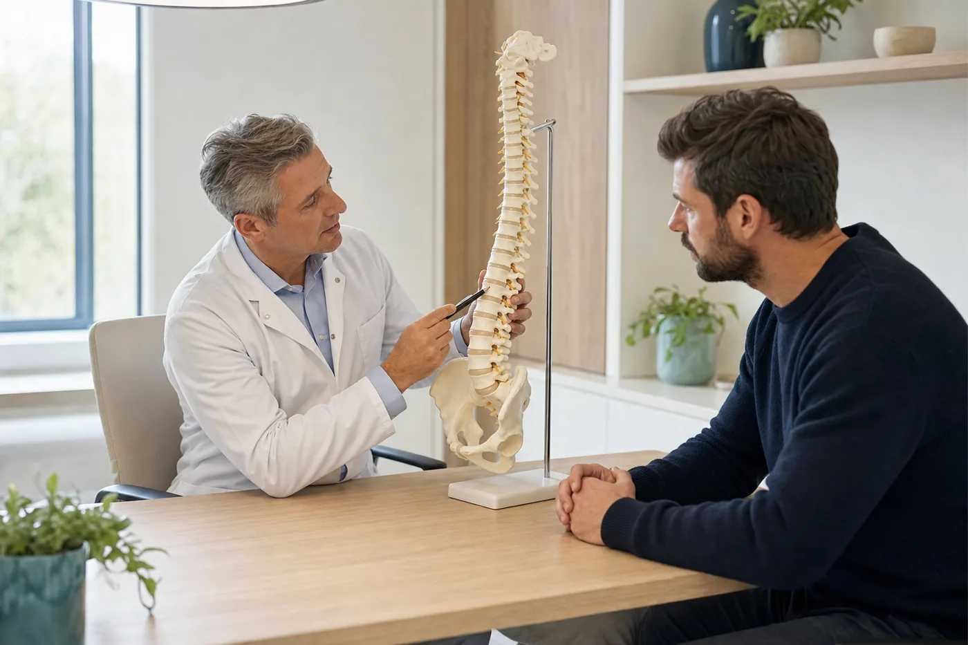 Neurochirurg omawia z pacjentem model kręgosłupa w przychodni Balticmed