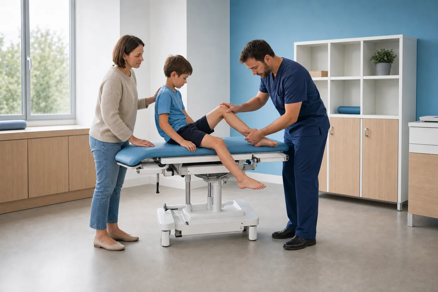 Ortopeda dziecięcy bada kolano chłopca w przychodni Balticmed