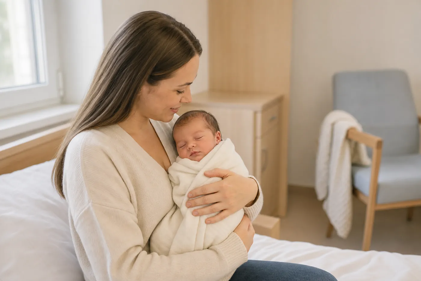 Mama trzyma noworodka na rękach, pierwsze dni po porodzie