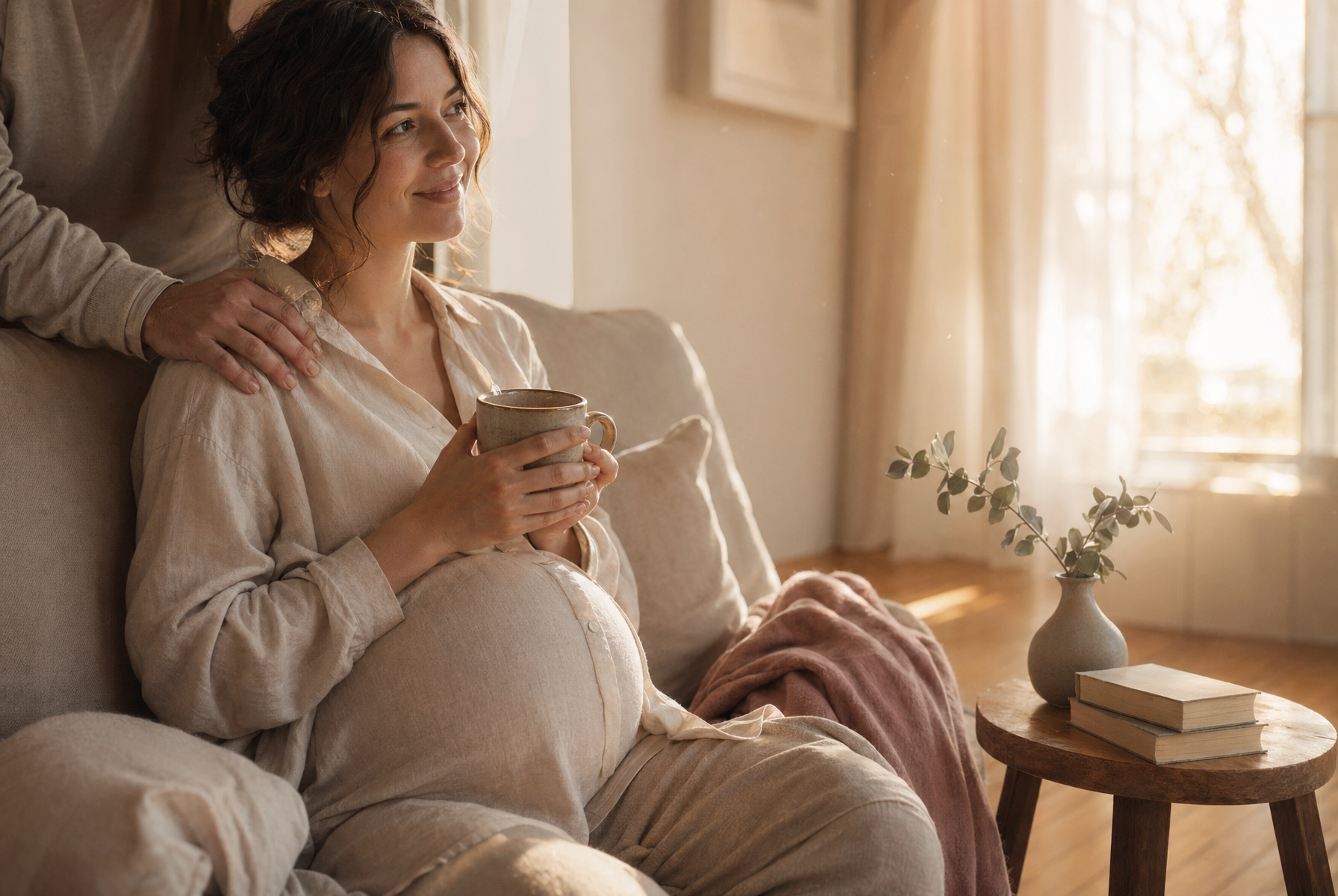 Kobieta w ciąży siedząca przy oknie z kubkiem herbaty, partner obejmuje ją od tyłu
