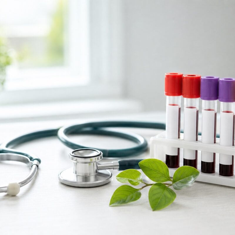 Świeże warzywa i owoce oraz akcesoria diagnostyczne symbolizujące profilaktykę i bilans zdrowia dorosłego