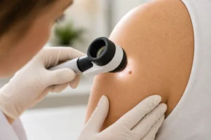 Lekarz bada znamie na ramieniu pacjenta dermatoskopem