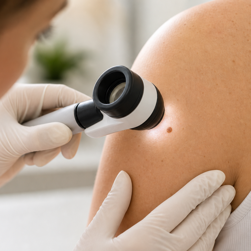 Lekarz bada znamie na ramieniu pacjenta dermatoskopem