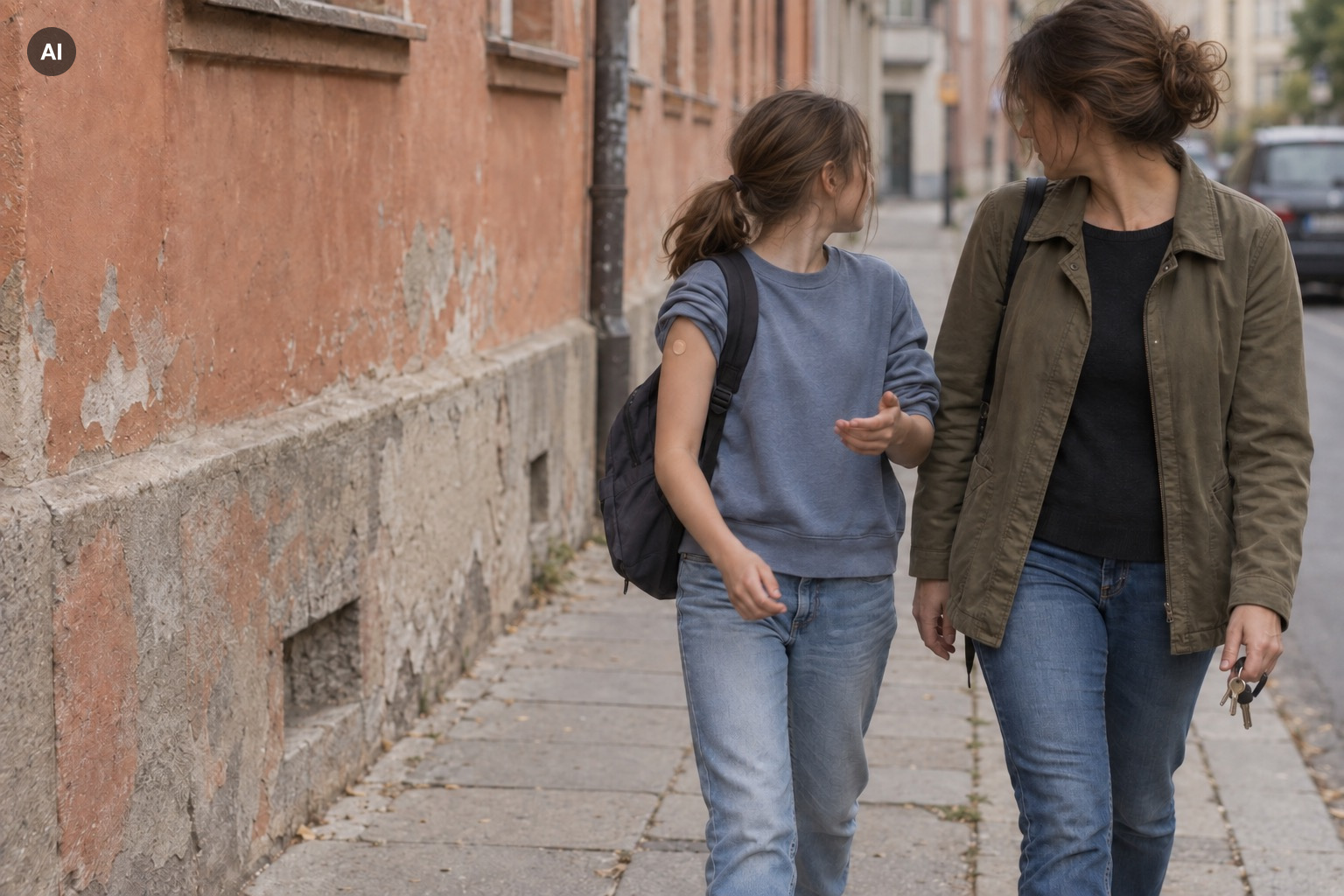 Nastolatka z plastrem na ramieniu po szczepieniu idzie ulicą z mamą